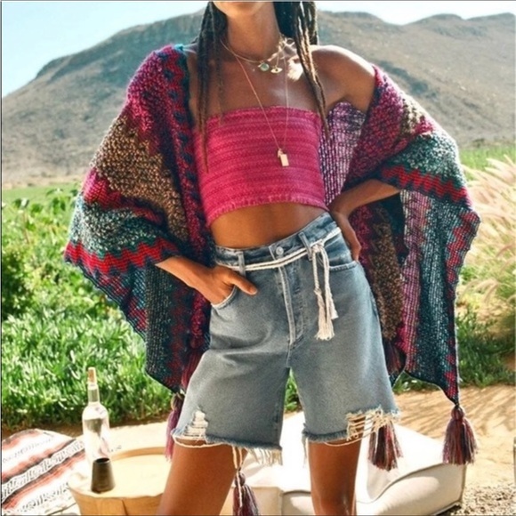 RARE Anthropologie Knit Fringe Kimono Shawl Cape Poncho Free People - Picture 8 of 16